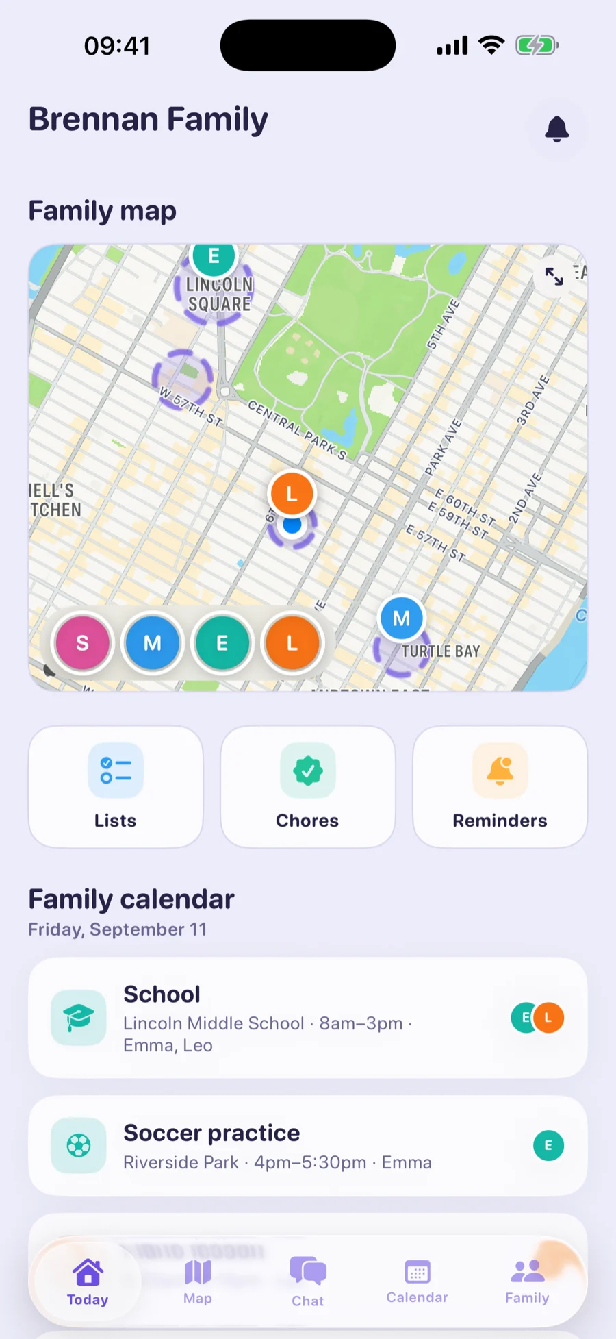 Orbit's home screen showing the family map and today's plan